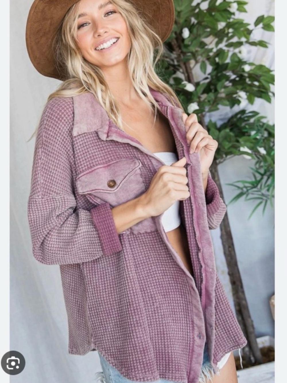 Bucket List Kayla Waffle Knit Shacket In Washed Fuchsia - Picture 3 of 15